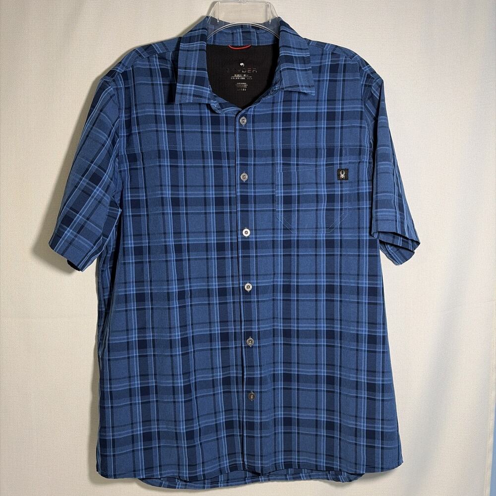 Spyder Men’s Large Short Sleeve Metal Button Shirt Blue Plaid Activewear Outdoor